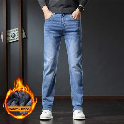2025 Winter Fleece Jeans Men's Fashion Elastic Slim Straight Warm Trousers Thicken Business Casual Korean Thermal Denim Pants