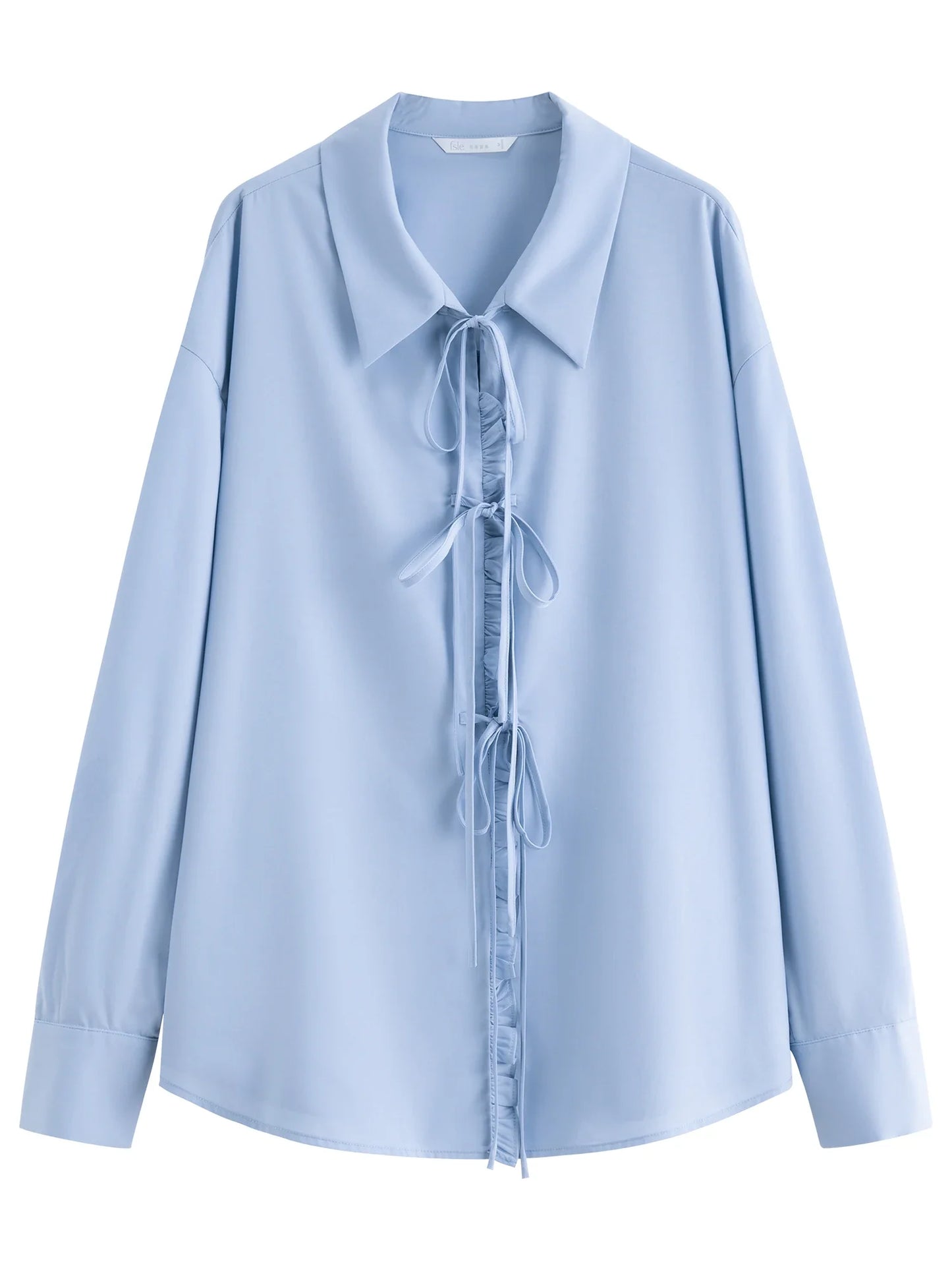 Autumn 2025 Women's French Inspired Blouse - Ruffle Trim Tie Front Loose Fit Shirt Collar Top Soft Blend Daily Wear