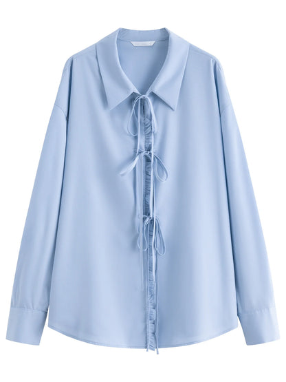 Autumn 2025 Women's French Inspired Blouse - Ruffle Trim Tie Front Loose Fit Shirt Collar Top Soft Blend Daily Wear