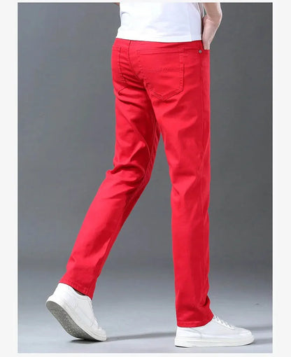 Men Classic Version Slim Stretch Trousers Clothing Red Straight Jeans Fashion High Quality Casual  Denim Pants Male 36 40