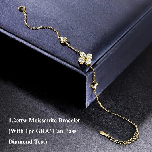 Trèfle chanceux, bracelet en moissanite avec diamant, certifié GRA, 1,2 ct au total, couleur D, pour femme, en argent 925 plaqué or 18 carats, maillons faits à la main