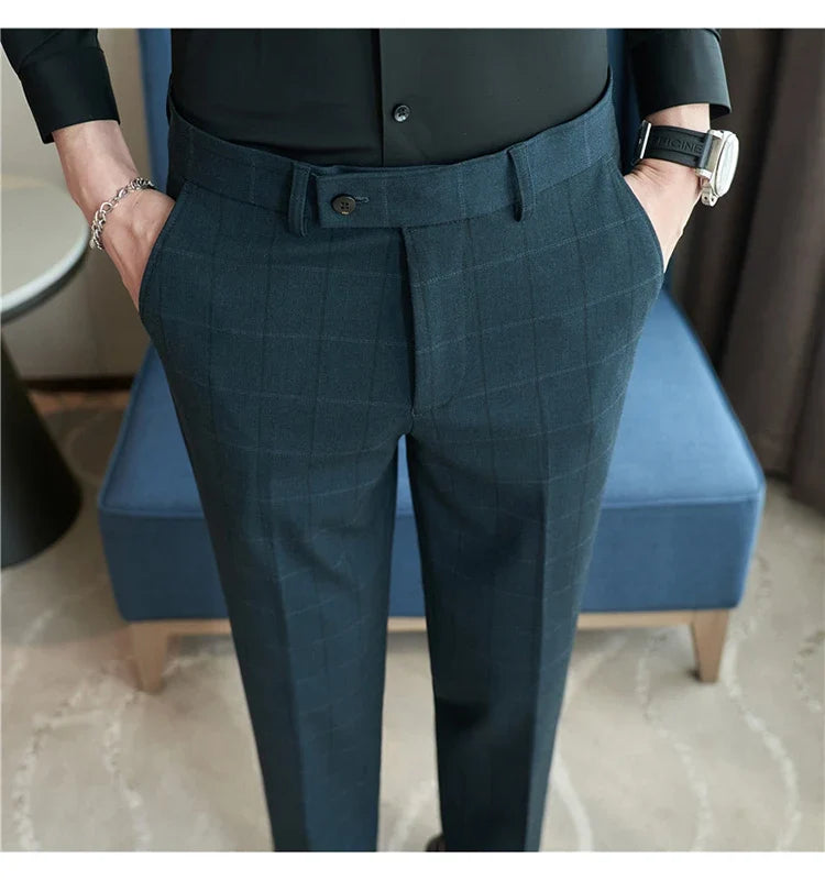 2026 Classic Men's Slim Fit Plaid Striped Casual Pants Fashion Business Slim Fit Suit Pants Formal Groom Wedding Dress Trousers