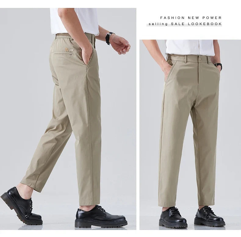 2026 Spring Summer Thin Ice Silk Suit Pants Men's Business Straight Slim High Elastic Ankle Length Casual Pants Male