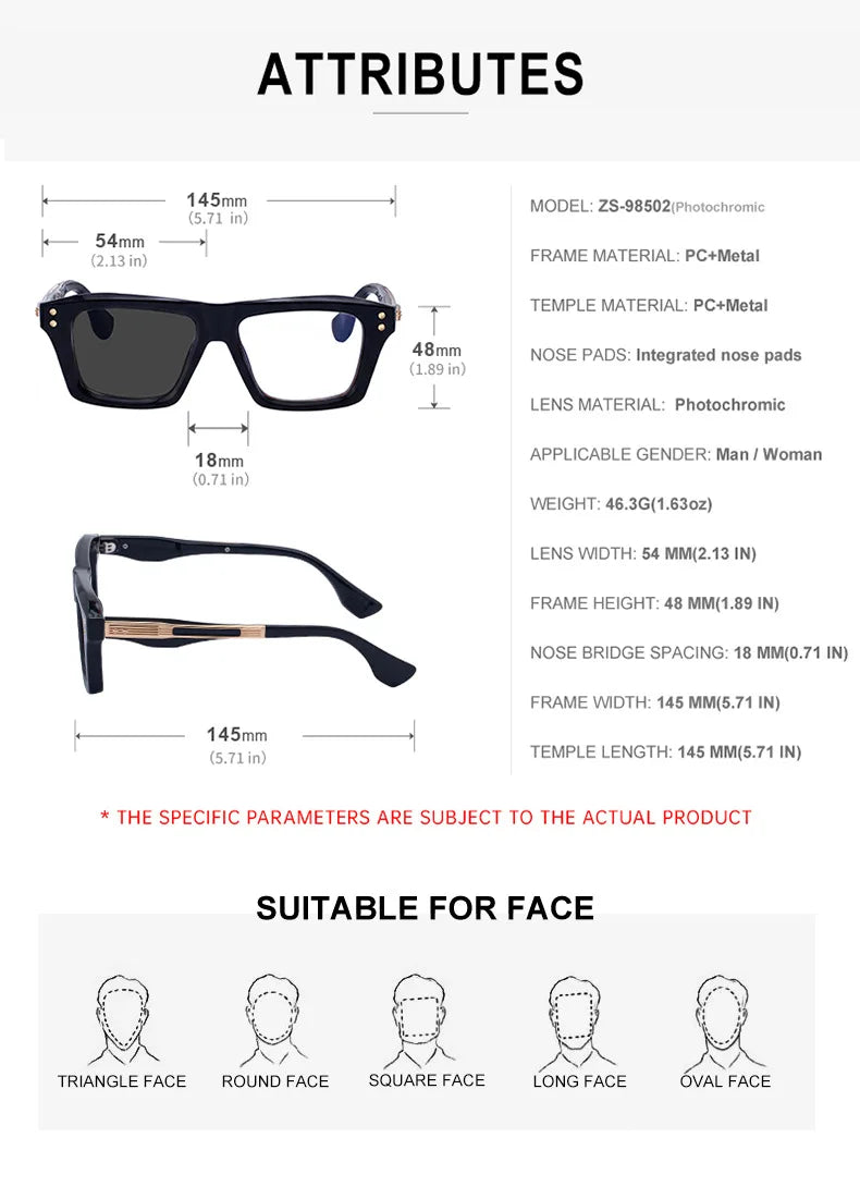 2026 New European and American Fashion Square Frame Photochromic Sunglasses for Men, Retro and Unique Outdoor Driving Sunglasses