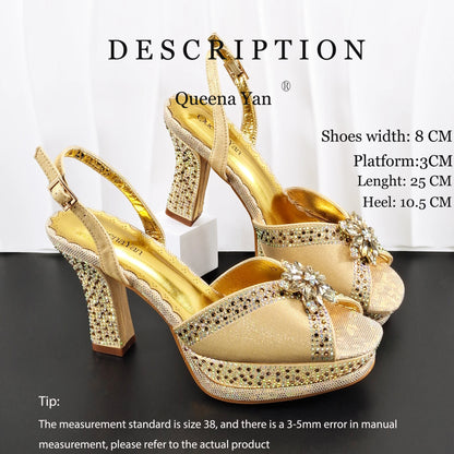 Italian Design Bigger Size Shoes and Bags Set Wedding for Women Bride Ladies High Heel HAND CRAFTED UPPER Shoes with Rhinestone