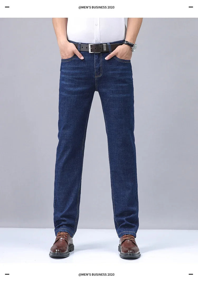 2025 New Light Blue Men's Comfort Soft Jeans Fashion Straight Business Pants Cotton Soft Casual Stretch Denim Trousers 28-40