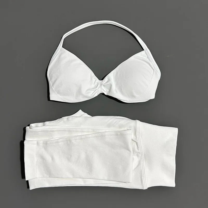 2 Piece Sports Set Women Yoga Backless Halter Bra High Waist Scrunch Seamless Pants Sport Suit Gym Sportswear Workout Set