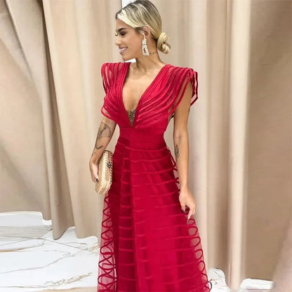 A Line Fuchsia Formal Dresses Pleat Sleeveless Prom Gown for Woman Deep V Neck Wedding Party Dress robe de bal Customized
