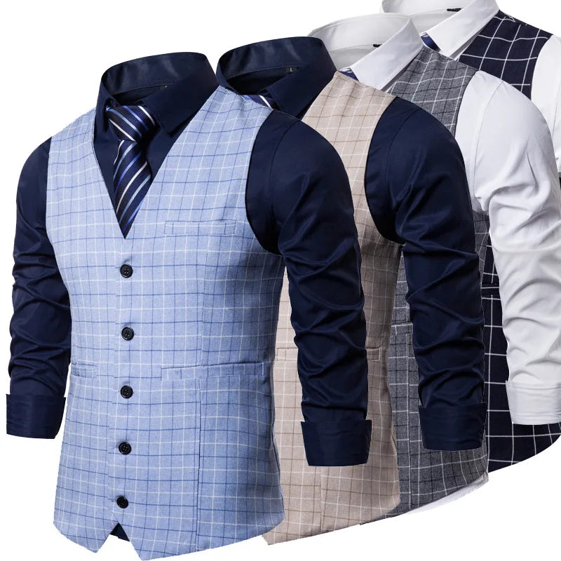 2026 Man Waistcoat Slim Plaid Business Casual Male Suit Vest V-neck Sleeveless Breathable Wedding Party Vest for Men