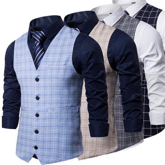 2026 Man Waistcoat Slim Plaid Business Casual Male Suit Vest V-neck Sleeveless Breathable Wedding Party Vest for Men