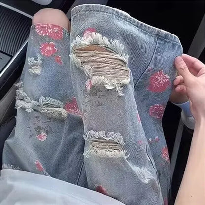 American Streetwear Washed Ripped Straight Jorts Men's Summer Floral Graphic Print Baggy Denim Shorts Hip Hop Fashion Short Jean