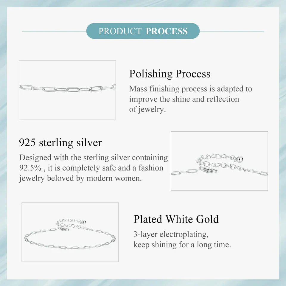 Solid 925 Sterling Silver Square Chain Bracelets for Women, White Gold Plated Handmade Basic Bracelets Birthday Gift