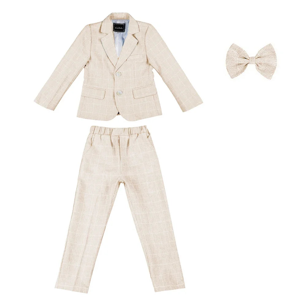 Boys Suit Wedding Ring Bearer Outfit Kids Suit Set Plaid Striped Blazer Suit Pants Bow Tie Pink Suit 2-14Years