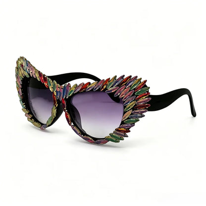 Retro Y2K Oversized Cat Eye Sunglasses for Women Rhinestone Gold Spike Gradient UV400 Punk Nightclub Party Festival Eyewear