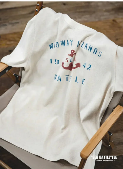 Vintage Letter Print Cotton Short Sleeve T-Shirt Men's Summer Loose Fit Ribbed Crew Neck Tee Casual Street Tops for Daily