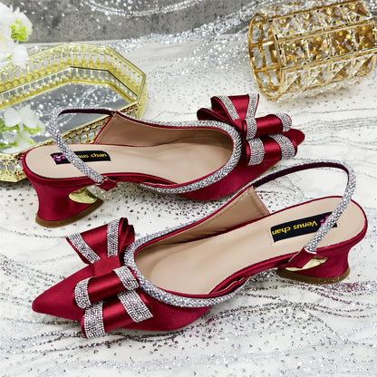 Italy Design 2025 New INS Shoes and Bag to Match Wine Colour Pointed-Toe Rhinestone Bow Party Women's High Heels