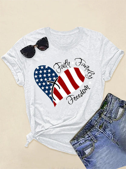 plus Size Women's round Neck Short Sleeve Top Featuring American Flag Design for Independence Day Summer Fashion Outfit