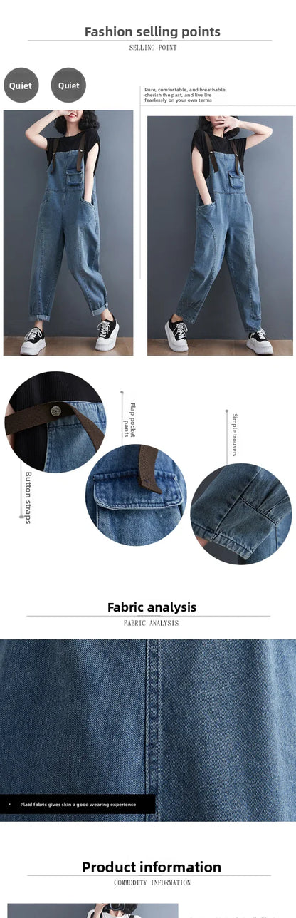 Loose Women's Denim Overalls Faionable Spring Summer High Waist Long Pants Thermal Properties Deep Color Korean Sle