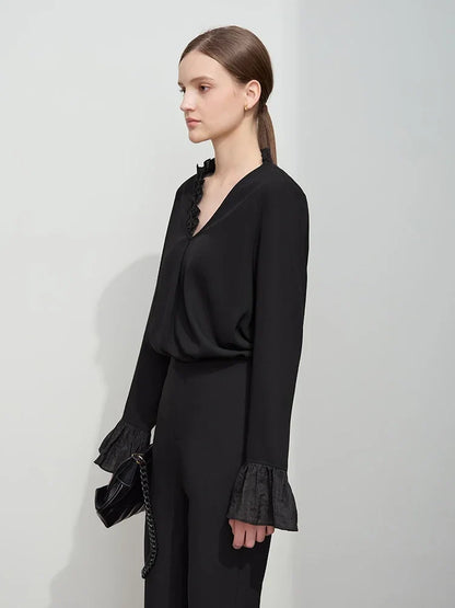 Minimalist Chiffon Shirt For Women 2025 Autumn New Office Lady V-neck Ruffle Splicing Loose Long Sleeved Blouse 12511078
