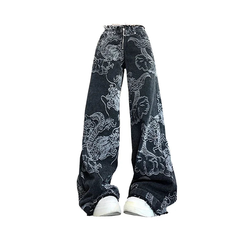 Y2K Baggy Dragon Print Denim Trouser Women's Washed Vintage Casual Emo Pants Grunge Street Retro High Waist Loong Trashy Jeans