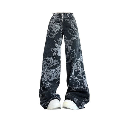 Y2K Baggy Dragon Print Denim Trouser Women's Washed Vintage Casual Emo Pants Grunge Street Retro High Waist Loong Trashy Jeans