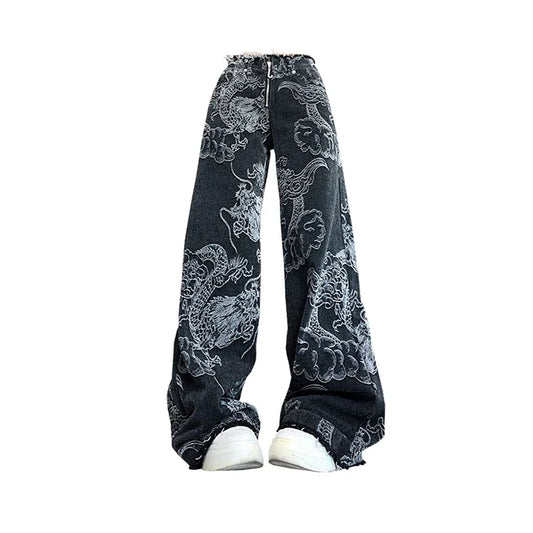 Y2K Baggy Dragon Print Denim Trouser Women's Washed Vintage Casual Emo Pants Grunge Street Retro High Waist Loong Trashy Jeans