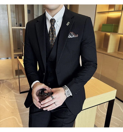 Luxury Stripe Men Suit Korean Version Fashion Elegant Slim Fit Tuxedo Formal Groom Wedding Social Suits