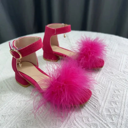 Toddler Girls Sandals Summer Low-heels Children's Sandals Open-toe Princess Fluffy New Versatile Kids Fashion Ankle-strap Shoes