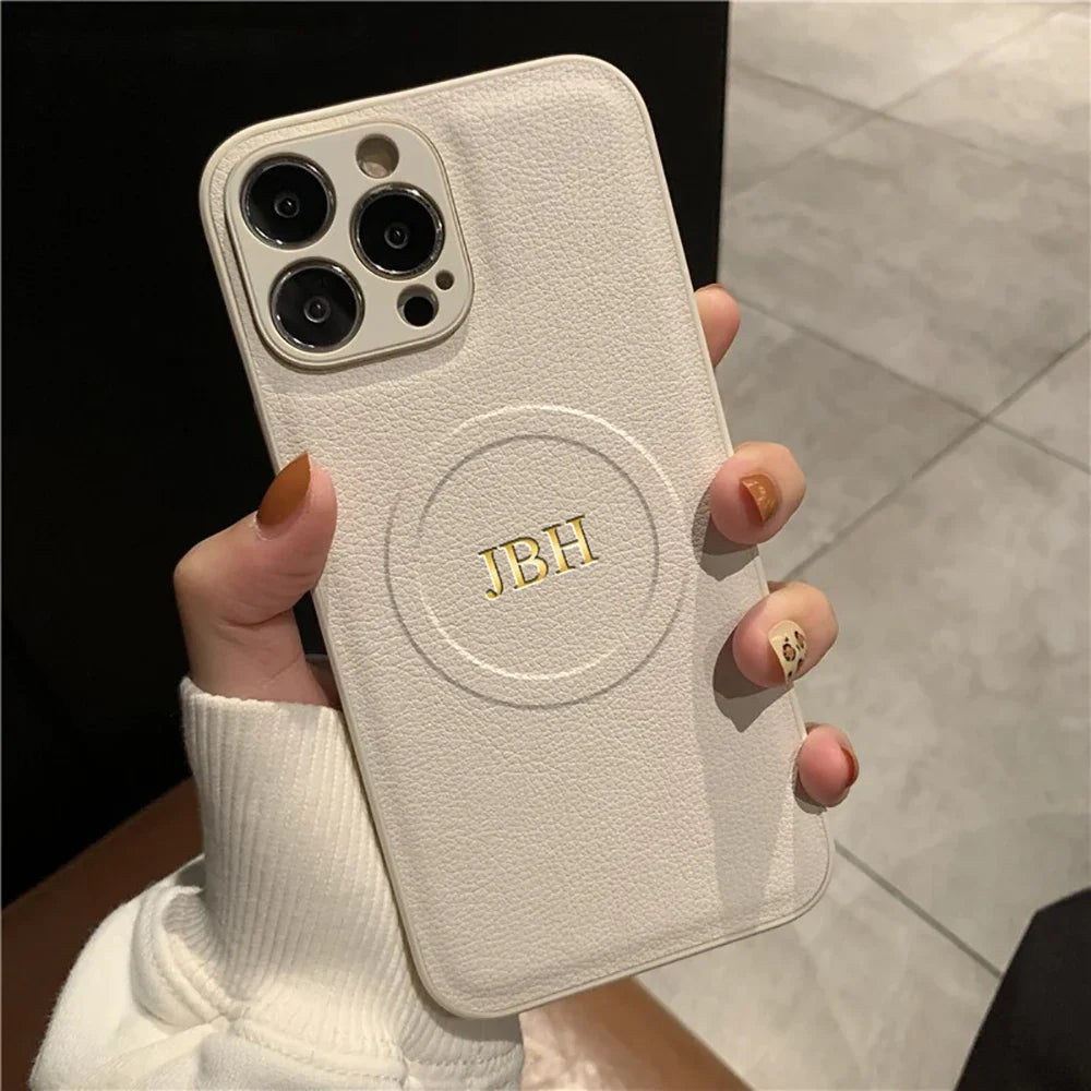 جراب مخصص لهاتف iPhone17 Pro Max 16 15 14 13 12، أحرف أولى مخصصة، شحن لاسلكي MagSafe، غطاء جلدي
