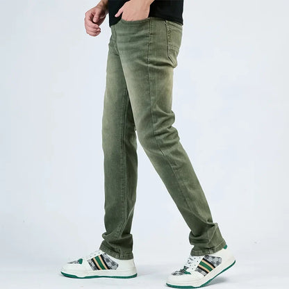 2025 Autumn New Men's Slim Elastic Jeans Fashion Korean Small Straight Pencil Pants Soft Comfortable Casual Green Denim Pants