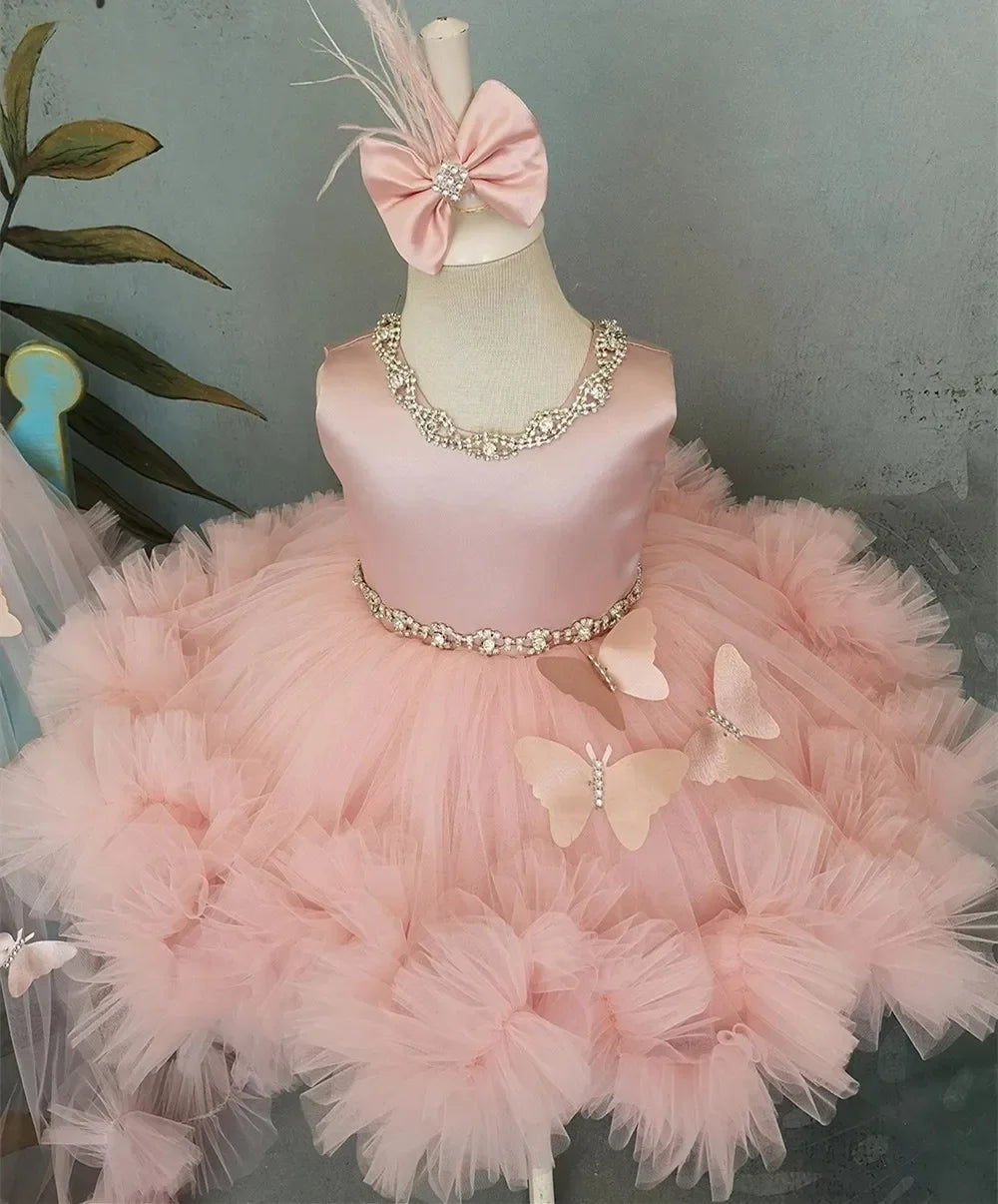 Customized Flower Girl Dresses Puffy Girl Dress Pink Baby Dress With Train Bow Cute Kid's Child Birthday Dresses Frist Communion