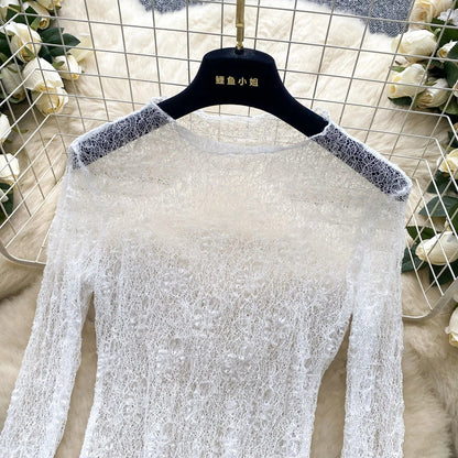 Autumn Streetwear Tops Suits Women O Neck Full Sleeves Thin Sheer Lace Shirts+Sleeveless Outerwear Ruffles Tank Top