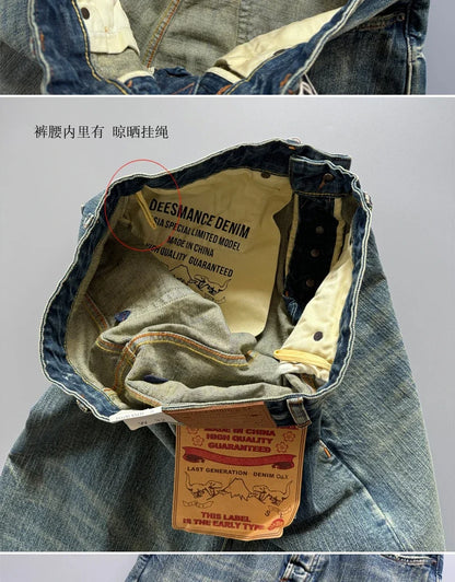 13.5oz Men's Japanese Indigo Blue Selvedge Straight Leg Denim Jeans for Men Artisan Vintage Spring Washed with Raw Hem Detailing