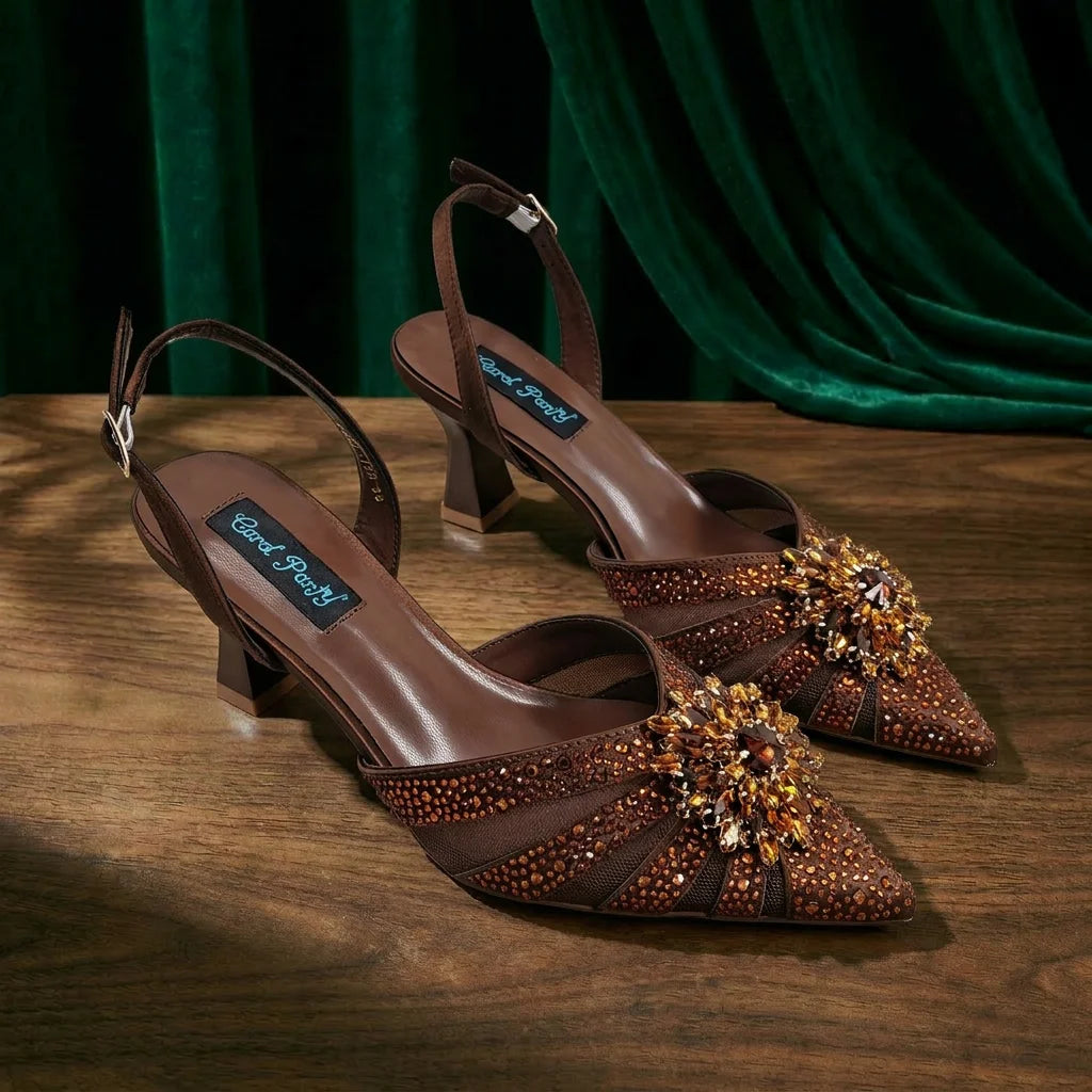 New Italian Pumps and Bag To Party 2026 INS Style Pointed DURABLE OUTSALE Rhinestone Elegant Coffee Color High Heels for Women