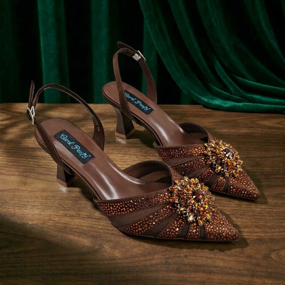 New Italian Pumps and Bag To Party 2026 INS Style Pointed DURABLE OUTSALE Rhinestone Elegant Coffee Color High Heels for Women