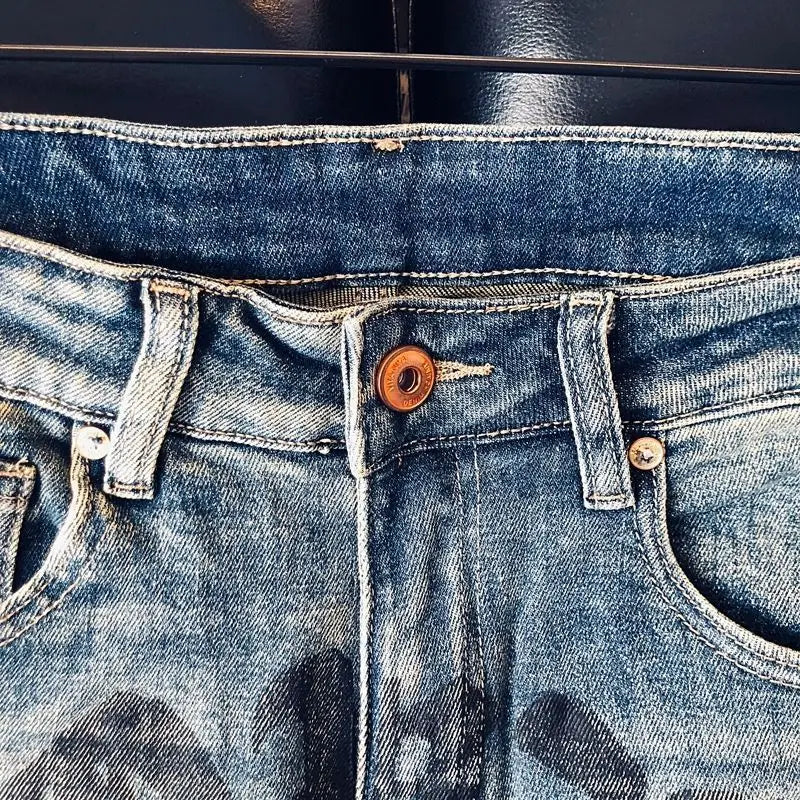 High-quality Blue Jeans Men's 2025 Spring and Summer European Wear Cargo Brand Letter Printing Ink Splashing Straight-leg Pants