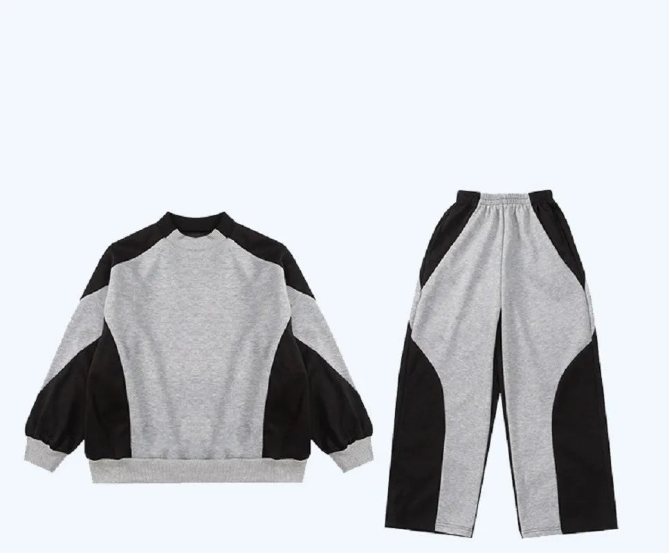 Spring Boys Black x Grey Contrast Pullover Sweatshirt+Sweatpant Work Set School Kid 2PCS Tracksuit Children Jogger Outfit 5-16Yr
