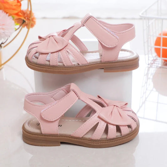 Cute Girls Sandals Bow Peep-toe 2023 New Soft Hook & Loop Beige Kids Princess Shoes Casual Shoes PU Cute Children Shoes Non-slip
