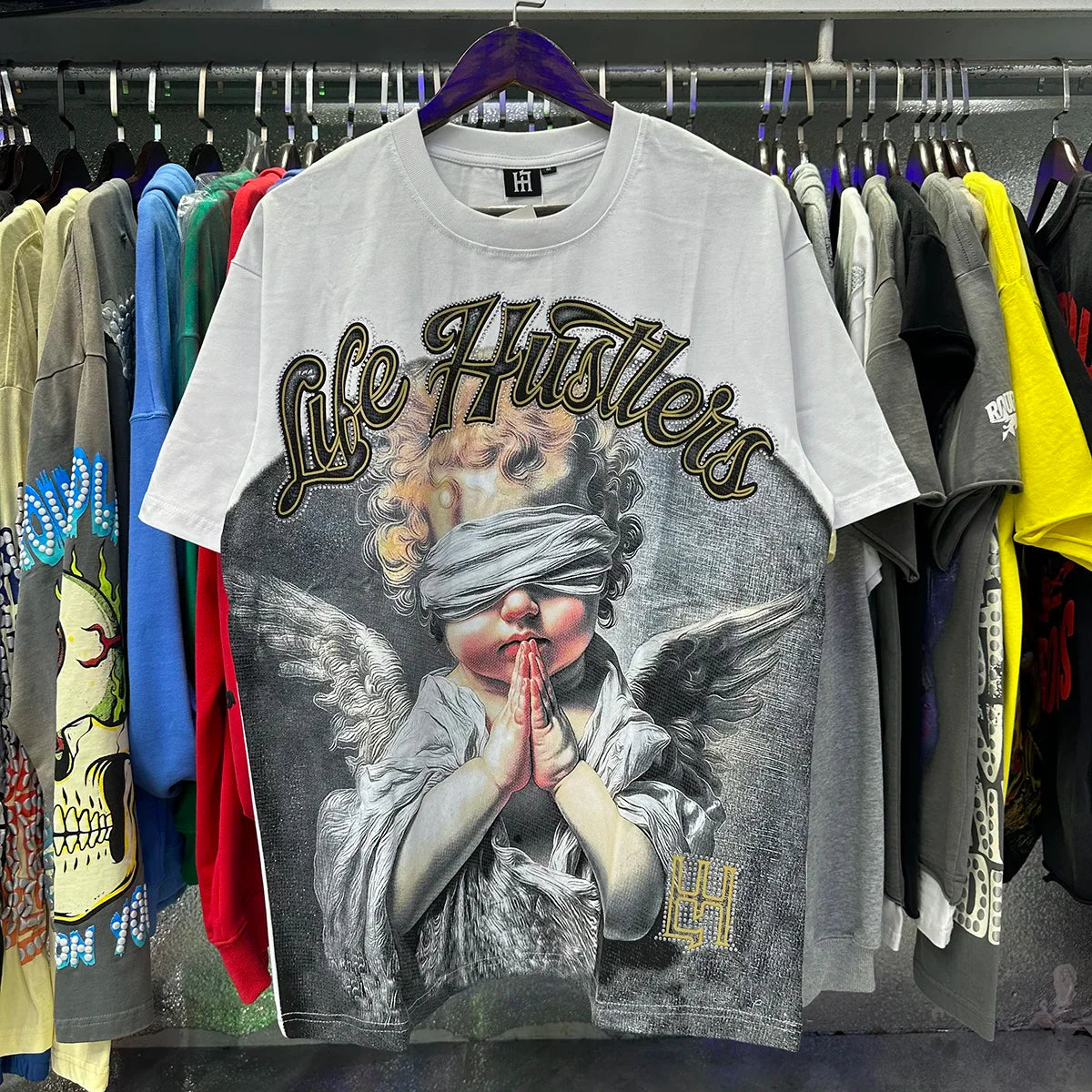 Masked Tattoo Angel Gun Diamond Short Sleeve Tshirts for Men and Women Crew Neck Cotton Summer Top Tees Oversized