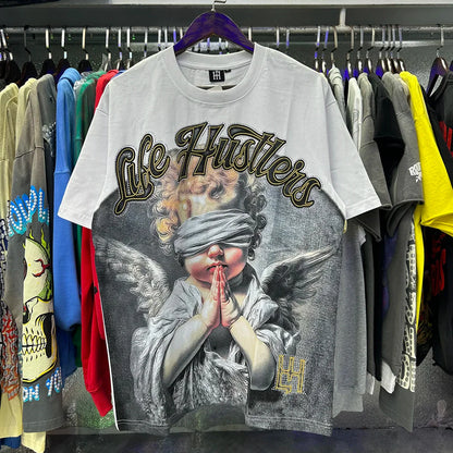 Masked Tattoo Angel Gun Diamond Short Sleeve Tshirts for Men and Women Crew Neck Cotton Summer Top Tees Oversized