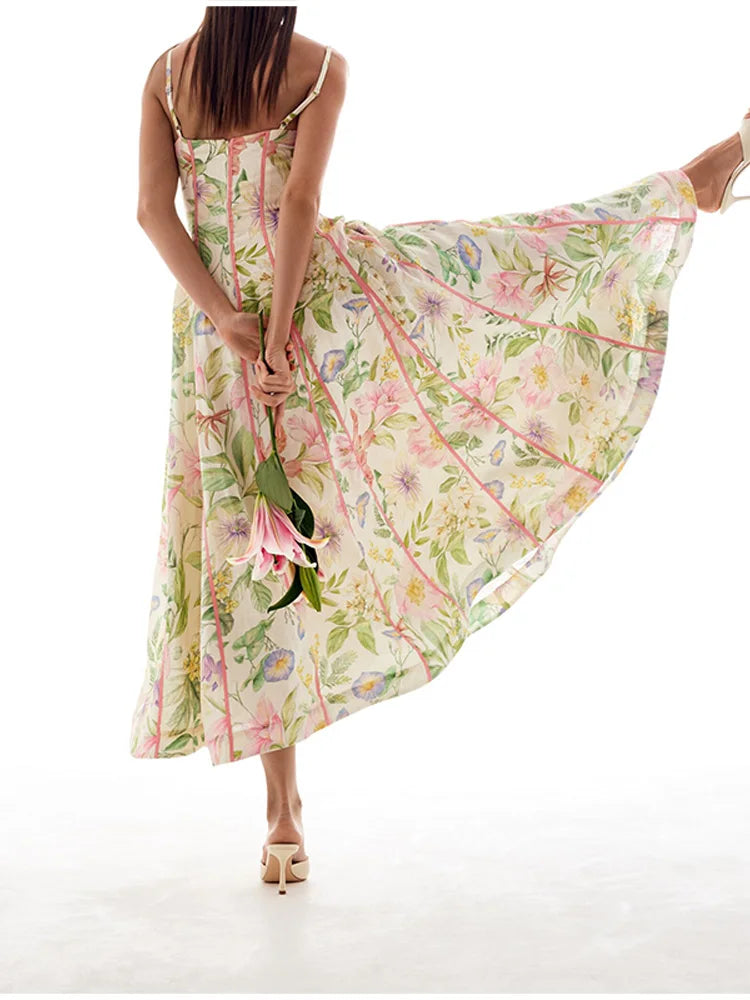 Fashionable Lady Floral Corset Maxi Dresses Halter Neck Sleeveless Flowy Long Dress Female Beach Vacation Party Evening Gown