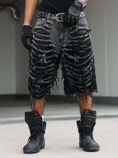 Men's Gothic Vintage Aesthetic Black Washed Ripped Denim Shorts, Summer Trendy Loose Raw Edge Fringed Five-Point Pants