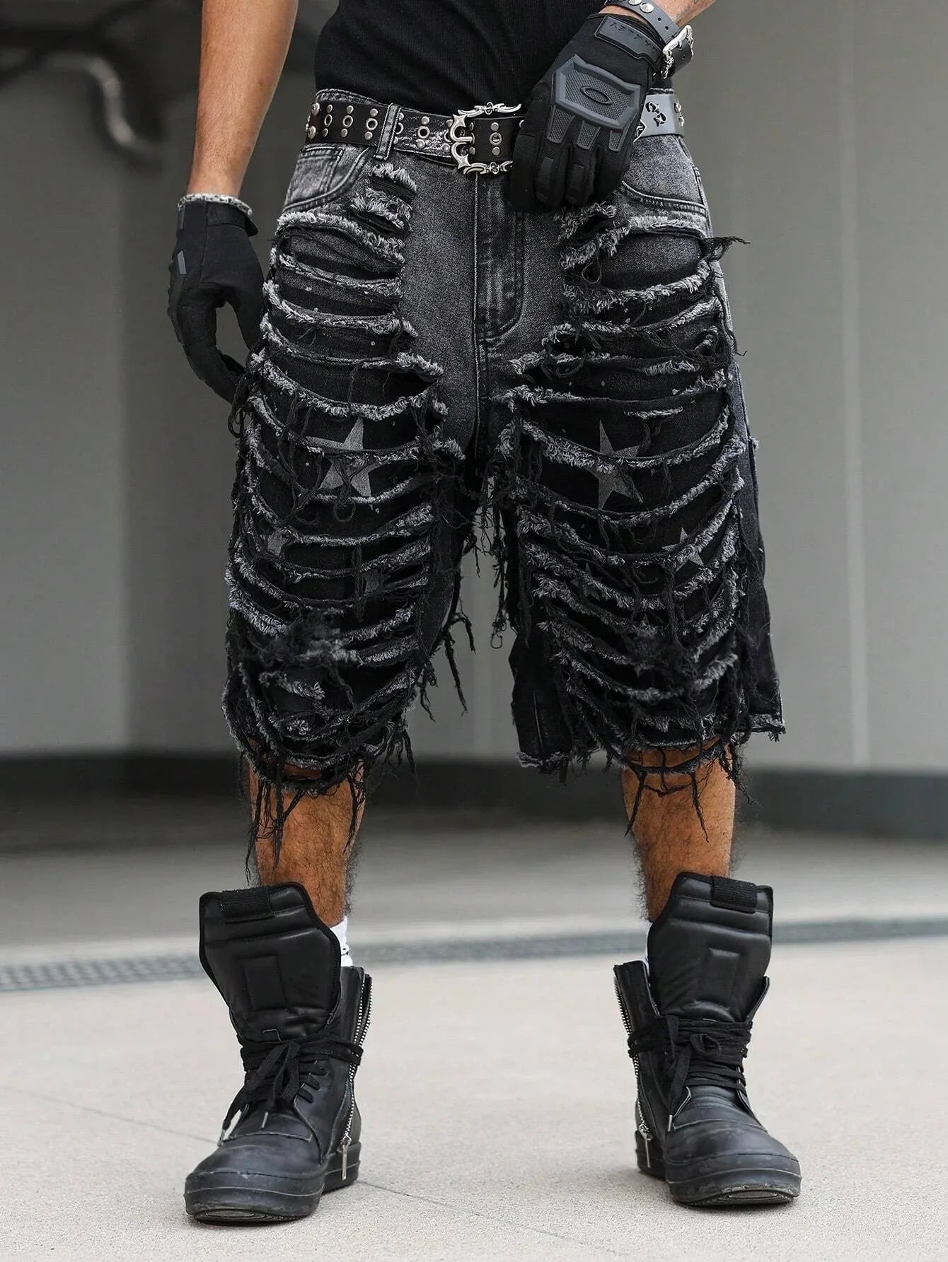 Men's Gothic Vintage Aesthetic Black Washed Ripped Denim Shorts, Summer Trendy Loose Raw Edge Fringed Five-Point Pants