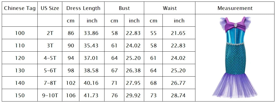 2-10Y Little Kid Mermaid Inspired Princess Clothing Pageant Fairy Role Playing Girl Birthday Party Dress Halloween Siren Cosplay