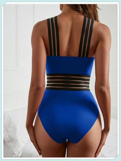 Solid Mesh Tape Swimsuit 2026 One Piece Sexy High Neck Swimwear Women Cross Front Bathing Suit Female Padded Beachwear Bodysuit