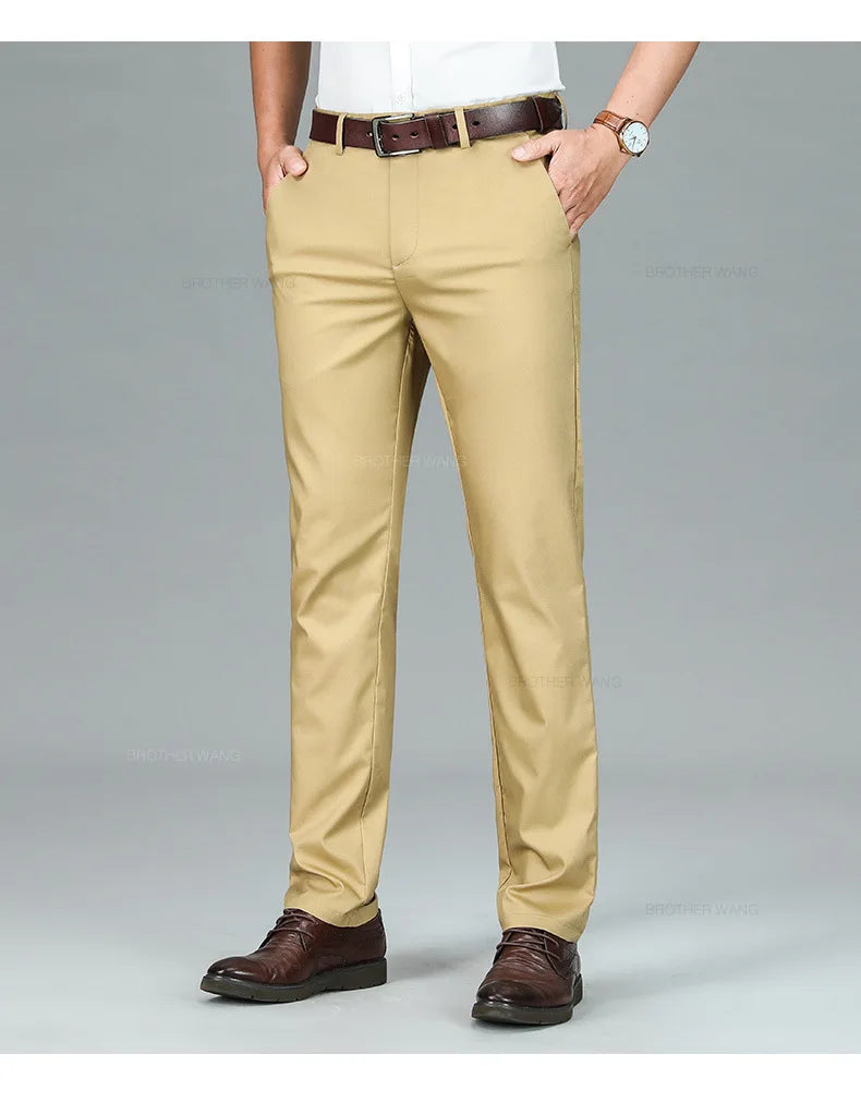 Bamboo Fiber Summer Casual Pants Men's Ultra-thin Iron-free Anti-wrinkle Loose Business Straight Elastic Trousers Brand Clothing