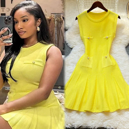 Chic Fashion 2026 Summer Pleated Short Dress Women O-neck Slim Waist A-line Party Dress Streetwear Lady Outfits Vestido