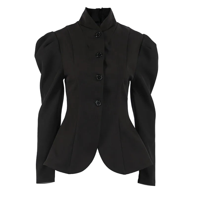 French Style Elegant Retro Stand Collar Black Suit Autumn Winter New Temperament Commute Puff Sleeve Slim Female Coat Tops Trend