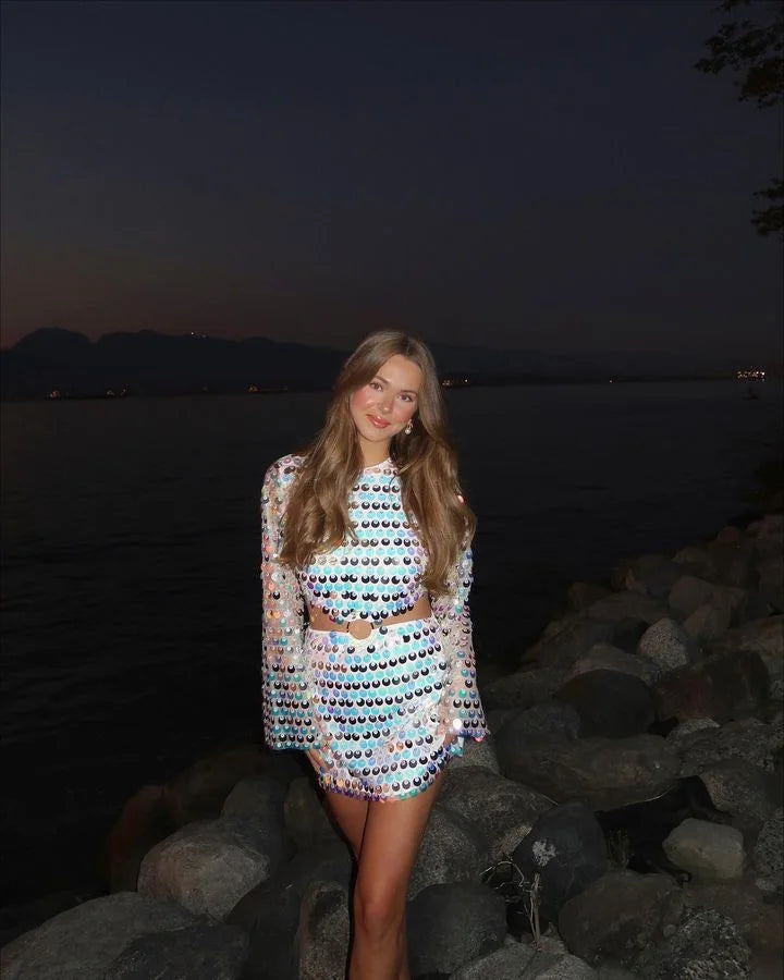 Shiny Sequins Dresses Women Sexy Flare Sleeve Slim Fit Hollow Out Mini Dress Elegant Sparkling Club Party Outfits Female