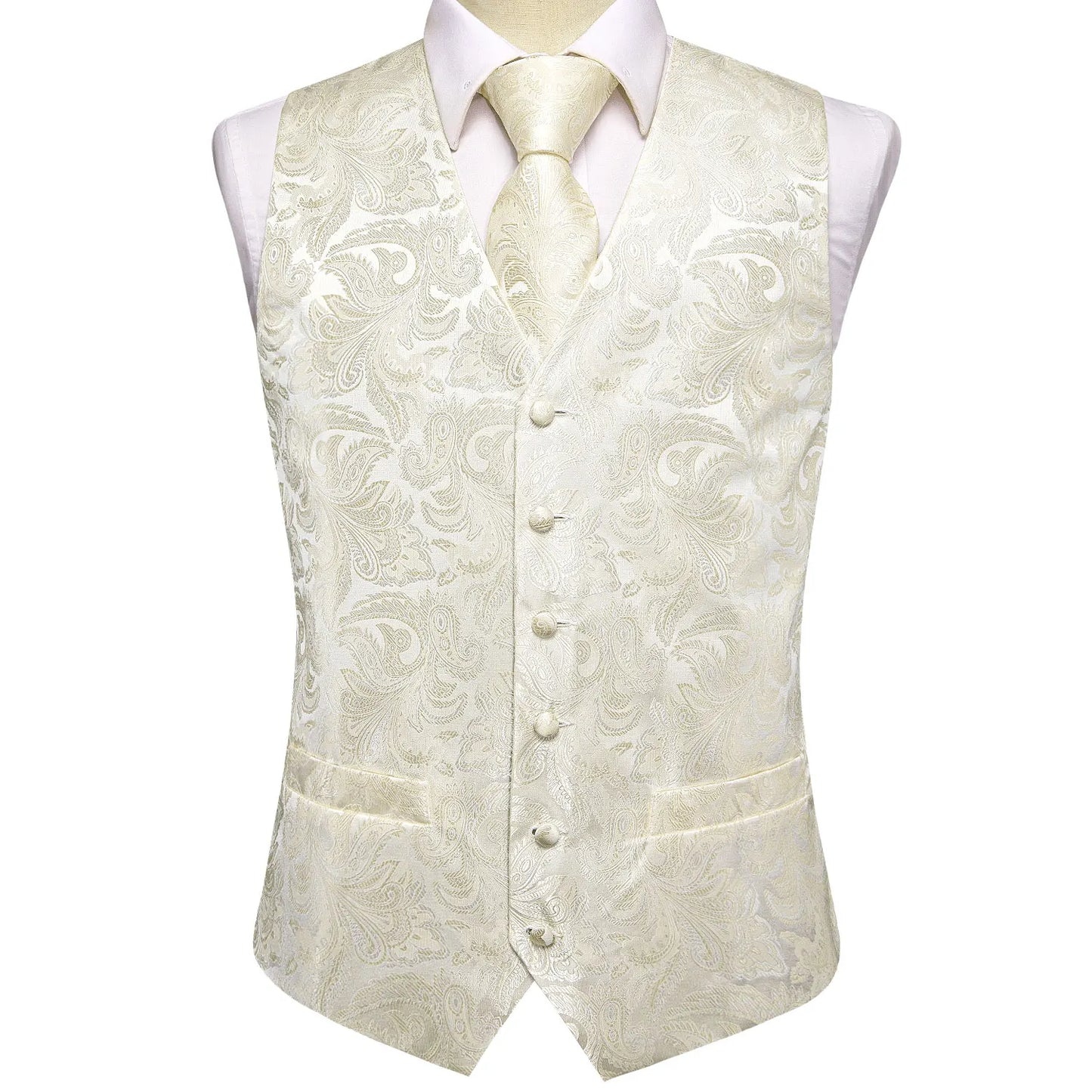 Designer Beige Champagne Ivory Khaki Mens Vest Necktie Set Jacquard Waistcoat Jacket Tie Hankerchief Cufflinks for Men Gift